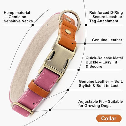 Plutus Pet Genuine Leather & Hemp Dog Collar – Adjustable Heavy Duty Pet Collar with Quick Release Metal Buckle, Soft & Stylish for Puppy and Small, Medium, Large Dogs (Pink, M)