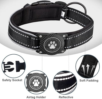 Airtag Dog Collar with Waterproof Air Tag Holder, Luminous Reflective, Soft Padded, Adjustable Nylon Pet Collar for Small Medium Large Heavy Duty Dogs,Black, L