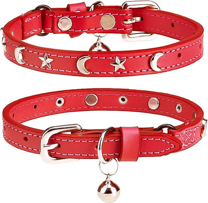 Leather Cat Collars for Boy Girl Cats with Bell and Safety Elastic Belt, Personalized Star and Moon Stud Adjustable Safe Buckle Collar for Kitty Small Big Cats Size 7-9 Inch, Red