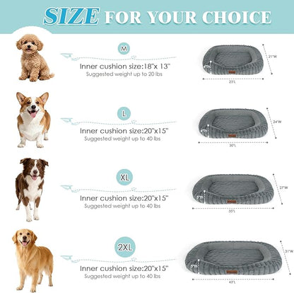 Cute Dog Bed for Small & Medium Dogs - Calming Orthopedic Rectangle Dog Bed with Reversible Cushion and Removable Cover, Washable Soft Pet Kennel Bed with Handle, 30x24x4Inches, Warm Grey
