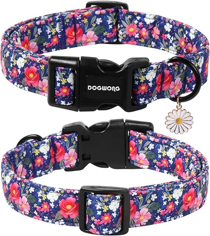 DOGWONG Blue Flower Dog Collar, Cute Adjustable Floral Collar, Girl Female Dog Collar with Strong Plastic Buckle for Small Medium Large Dogs,XS