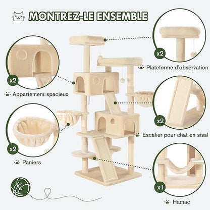MUTICOR 66 Inches Multi-Level Large Cat Tree Tower for Indoor Big Feline/Cozy Plush Perches/Condo/Sisal Scratching Posts/Hammock and Baskets/Activity Center Play House/Wide Base/Beige