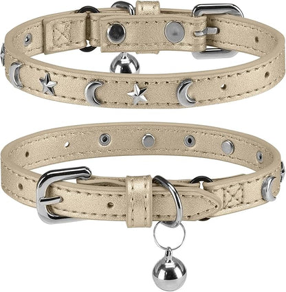 Leather Cat Collars for Boy Girl Cats with Bell and Safety Elastic Belt, Personalized Star and Moon Stud Adjustable Safe Buckle Collar for Kitty Small Big Cats Size 8-12 Inch, Gold