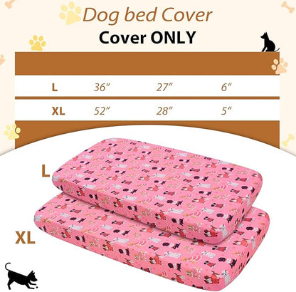 Replacement Dog Bed Covers Elastic Edged Washable Pet Bed Protector with Pink Dog Pattern Design for Medium & Large Pet Beds, Cover Only (Pink, 36" L x 27.0" W x 6.0" Th)