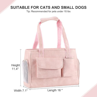 Dog Carrier Purse, Fashion Leather Pet Carrier Bag, Airline Approved Soft Sided Cat Travel Tote Bag with Pockets Pink