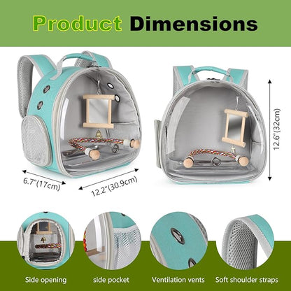Parrot Travel Carrier Bubble Window Backpack with Mirror Standing Toy,Portable Parrot Cage Backpack with Bird Stand Perch, Pet Travel Bag for Cockatiels, Love Bird,Small Birds