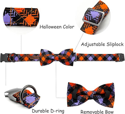 Halloween Dog Collar, Pet Collar Bow Plaid Collars Girl Boy Holiday Pet Collars Gift Bow Dog Collar Cute Soft Puppy Collar for Large Dogs