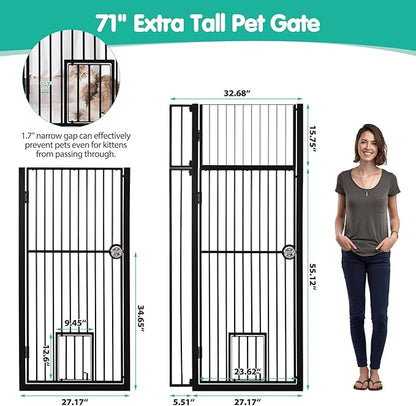 71" Extra Tall Pet Gate with Cat Door, 30"-37.5" Adjustable Wide, No Drill Pressure Mounted Auto-Close Safety Pet Gate Walk Through Safety Cat Gate