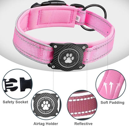 Airtag Dog Collar with Waterproof Air Tag Holder, Luminous Reflective, Soft Padded, Adjustable Nylon Pet Collar for Small Medium Large Heavy Duty Dogs,Pink, S
