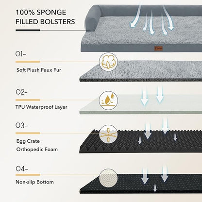 Orthopedic Dog Beds for Large Sized Dogs, Waterproof Egg Crate Foam Large Dog Couch Beds with Comfy Bolster 36x27Inch, Washable Pet Beds with Removable Cover and Nonskid Bottom, Grey