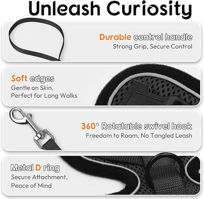 Dooradar Cat Harness and Leash Set, Escape Proof Safe Adjustable Kitten Vest Harnesses for Walking, Easy Control Soft Breathable Mesh Jacket with Reflective Strips for Cats, Black, M