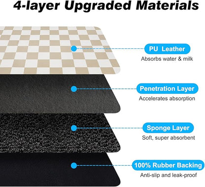 Checkered Dog Food Mat, Absorbent Leak-Proof Pet Feeding Mat, Quick Dry Cat Food Mat for Messy Drinkers 17" x 32" Khaki