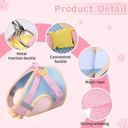 Cat Harness and Leash Set for Walking Escape Proof, Adjustable Kitten Harness Breathable Mesh with Reflective Strips Harness with Flower for Kitty Puppy Bunny Pink M