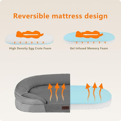 Dwanton Orthopedic Dog Bed for Extra Extra Large Dogs with Gel Memory Foam, Waterproof Dog Sofa, Washable Pet Bed with Four Sided Bolster Cushion, Removable Cover & Non-Slip Bottom, 48", Medium Gray