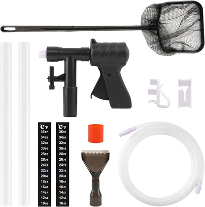 Aquarium Gravel Cleaner, Fish Tank Cleaner Kit, Aquarium Manual Press Noiseless Water Changer, Including Net,Thermometers & Cleaning Accessories for Fish Tank Maintenance