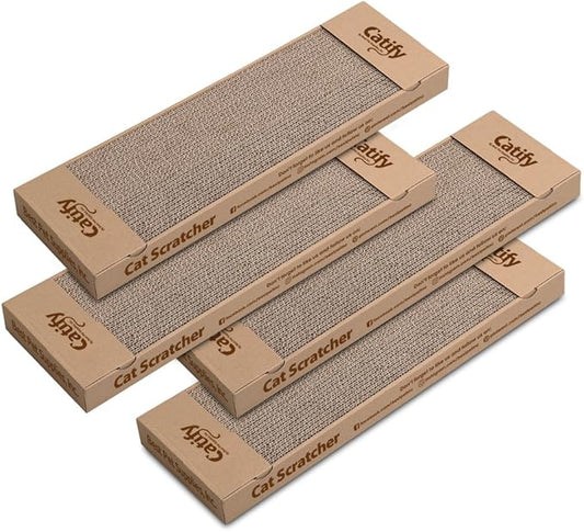 Best Pet Supplies Corrugated Cardboard Cat Scratcher Pads, Lounger, and Fun Interactive Scratching Boards, Claw Safe, Durable, Natural Recycled Materials, Supports Active Play - Narrow 4 Pack