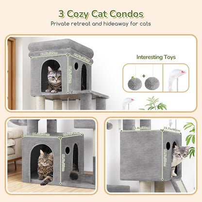 Globlazer Cat Tower for Multiple Indoor Cats, 52 inch Heavy Duty Cat Tree with 3 Condos, Plush Cat Condo with Scratch Posts and Pad for Adult Cats Kitten, Padded Perch, Basket Bed, F52B, Light Grey