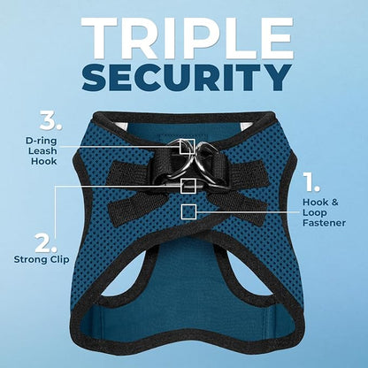 Best Pet Supplies - All Weather Mesh / Plush, Reflective, No Pull Harness for Small, Medium Dogs, Cats - Secure with Hook & Loop Fastener, Buckle, Double D-Rings - Blue/Black Trim, XL