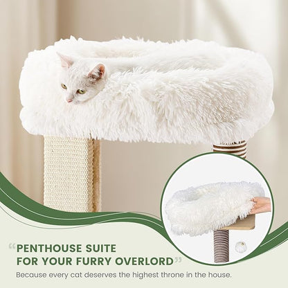 Cat Tree Tower, 41.7 in Wood Cat Condo with Sisal-Covered Scratching Posts and Plush Pom-pom, Multi-Level Climbing Cat Furniture with Jump Platform for Indoor Cats, Beige