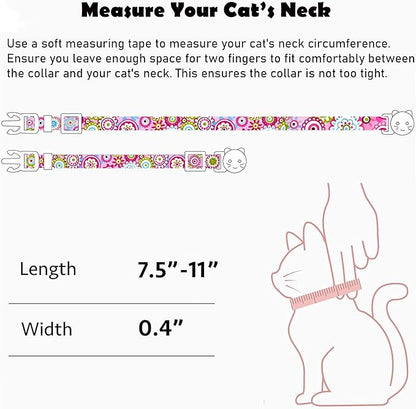 2 Pack Cotton Breakaway Cat Collars Set with Bell and Flower Pendant, Cute Floral Fruit Patterned, Adjustable 7.5-11Inch, Include A Mouse Toy Gift (Flower+Geometry)