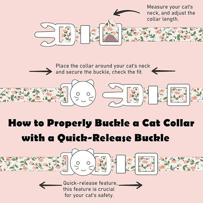 2 Pack Cotton Breakaway Cat Collars Set with Bell and Flower Pendant, Cute Floral Fruit Patterned, Adjustable 7.5-11Inch, Include A Mouse Toy Gift