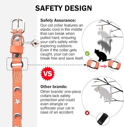 Leather Cat Collars for Boy Girl Cats with Bell and Safety Elastic Belt, Personalized Star and Moon Stud Adjustable Safe Buckle Collar for Kitty Small Big Cats Size 7-9 Inch, Orange
