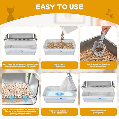 23.6''x15.7''x6'' Stainless Steel Sifting Litter Box, XL Large Metal Sifting Cat Litter Box for Pine Pellets, Litter Pan Tray System for Indoor Cats with Scoop and Pee Pad, Easy to Clean(6 Inch)