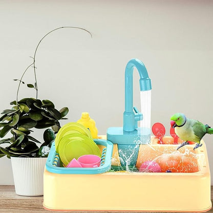 Parrot Bird Bathtub Shower Box Bathing Tub Container Cage, Automatic Pet Bird Bath with Faucet, Ferret Bathtub Swimming Pool Bath Shower Water Dispenser for Small Medium Parakeet Cleaning (Yellow)