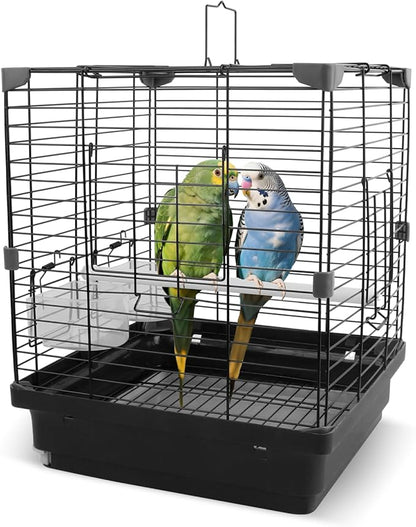 Small Bird Cage for Parakeets, Budgies & Canaries and More Small Birds - Lightweight Travel Birdcage & Bird Carrier with Handle, Stand, Removable Tray, Portable for Hanging, Outdoor Use, Black