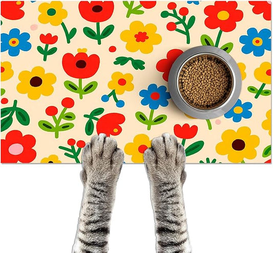 Pet Feeding Mat 24x16 inch Colorful Flower Print Pet Bowl Placemat Non Slip Floor Mat for Food and Water Indoor Pet Feeding Station Cute Meal Pad for Small Cats and Dogs Kitchen Use