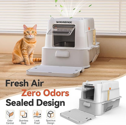 Enclosed Stainless Steel Cat Litter Box with Odor Control, Modular Design with Drawer and Flip Door, Easy to Clean and Wash,Non-Stick Interior,Extra Large Size Fits All Cats(Light Grey)