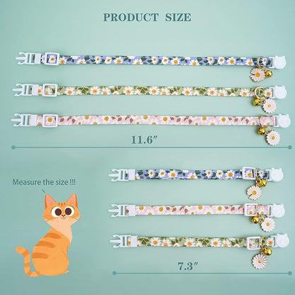 Faygarsle 3 Pack Cotton Safe Breakaway Cat Collars with Bell Daisy Charm Green Blue Pink Kitty Kitten Cute Cat Collars for Girl Cats Female Cats