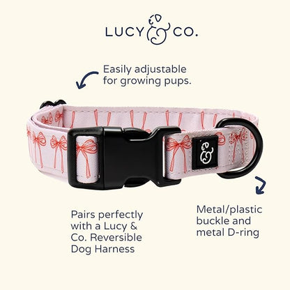 Lucy & Co. Ballet Bows Dog Collar - Durable Lightweight Designer Collar for Pets - Adjustable Metal Safety Buckle - White & Pink Bows - Small