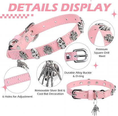 EXPAWLORER Cat Collar for Girl Boy Cats- Adjustable Leather Pet Collar with Safety Elastic Belt,Personalized Punk Accessories Buckle Collars with Bell & Durable D-Ring,Skull（Pink）