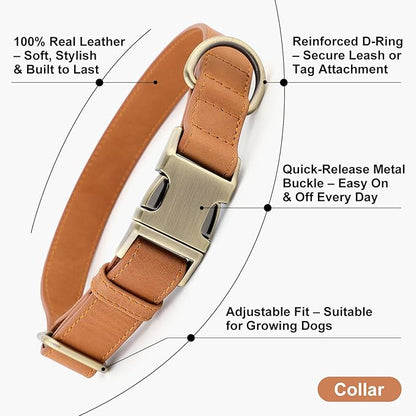 Plutus Pet Genuine Leather Dog Collar – Adjustable Pet Collar with Quick Release Metal Buckle, Soft Real Leather for Small Medium Large Dogs, Heavy Duty & Skin-Friendly (Light Brown, S)