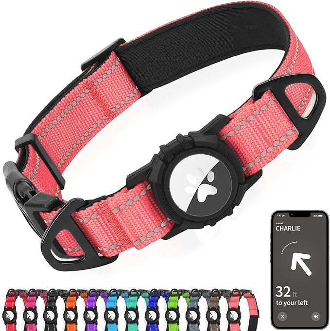 Joytale Airtag Dog Collar, Reflective Pet Collar with Waterproof AirTag Holder, Dual D-Rings, Soft Padded Adjustable for Medium Dogs, Neon Pink, M
