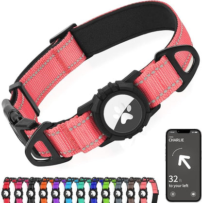 Joytale Airtag Dog Collar, Reflective Pet Collar with Waterproof AirTag Holder, Dual D-Rings, Soft Padded Adjustable for Medium Dogs, Neon Pink, M