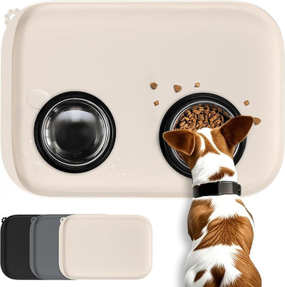 Silicone Dog Food Mat with Side Pocket & Hook Hole, Soft Raised Edges, Easy Clean Waterproof Non-Slip Pet Feeding Mat for Cats and Dogs Water Bowl, Pets Accessories(18"x12",Natural Tan)