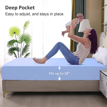 Waterproof Mattress Protector Queen, Fitted Sheet Style Breathable Mattress Cover with Deep Pocket Fits Up to 18'', Noiseless Bed Cover for Kids Adults Pets, Machine Washable (Sky Blue, 60'' X 80'')