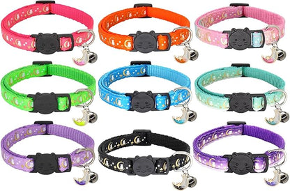 2 Pack Breakaway Cat Collar with Bells,Adjustable Moon and Star Kitten Safety Collars for Boys & Girls,Purple+Teal