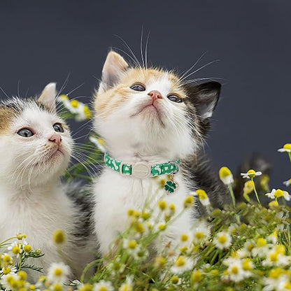 Lionet Paws 2pcs Pack St. Patrick Cotton Cat Collar,Breakaway Buckle with Clover and Bone Stick Cute Adjustable Green Cat Kitten Collar,Ideal for Girl Cats Boy Cats
