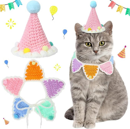 Sanwuta 2 Pcs Cat Birthday Party Supplies, Knit Cat Hat Kitten Birthday Bib Knit Bandana Pet Party Costume Headwear Accessories for Puppy Kitten Small Dogs Animals(Multicolor)