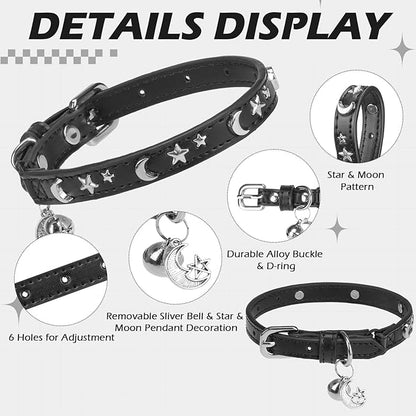EXPAWLORER Cat Collar for Girl Boy Cats- Adjustable Leather Pet Collar with Safety Elastic Belt,Personalized Punk Accessories Buckle Collars with Bell & Durable D-Ring, Star & Moon