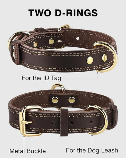 Joytale Genuine Leather Dog Collar for Large Dogs, Heavy Duty Thick Solid Leather for Power Breeds, Sturdy Adjustable Pet Collar with Metal Pin Buckle, Durable for Daily Walking, Brown, XL