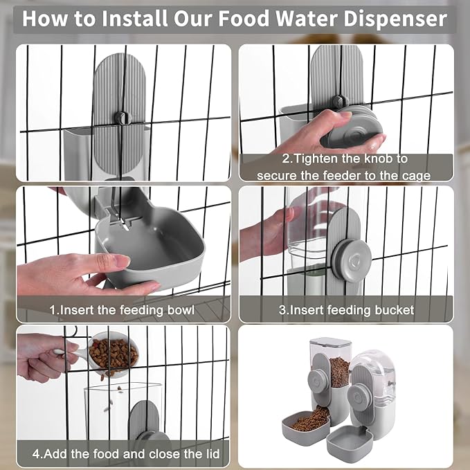 Hanging Automatic Rabbit Feeder for Cage,Dog Cat Food and Water Dispenser,Rabbit Water Bottle Guinea Pig Food Bowl Set,Gravity Feeder for Cats Dogs (Gray)