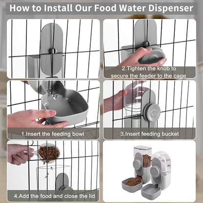 Hanging Automatic Rabbit Feeder for Cage,Dog Cat Food and Water Dispenser,Rabbit Water Bottle Guinea Pig Food Bowl Set,Gravity Feeder for Cats Dogs (Gray)