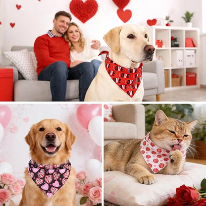 PAWCHIE Valentine's Day Dog Bandanas 4 Pack, Reversible Dog Party Triangle Scarf Bibs, Pet Holiday Costume with Adjustable Snaps, Multiple Love-Themed Patterns for Medium Dogs Puppy,Cats Pets, L
