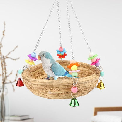 Hypeety Natural Handwoven Straw Nest Bed Large Bird Swing Toy with Bells for Parrot Cockatiel Parakeet African Grey Cockatoo Macaw Budgie Canary Lovebird Cage Perch (A)