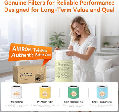 AIRROMI Air Purifier for Bedroom with HEPA Fet Filters, Pet Air Purifiers for Home Cat Pee Smell, Covers Up to 990Ft², Quiet 360° intake Air Cleaner for Allergies Dust Smoke Odor A2001 Yellow