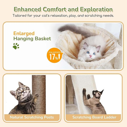 Globlazer Cat Tower for Multiple Indoor Cats, 52 inch Heavy Duty Cat Tree with 3 Condos, Plush Cat Condo with Scratching Posts and Pad for Adult Cats Kitten, Padded Top Perch, Basket Bed, F52B, Beige